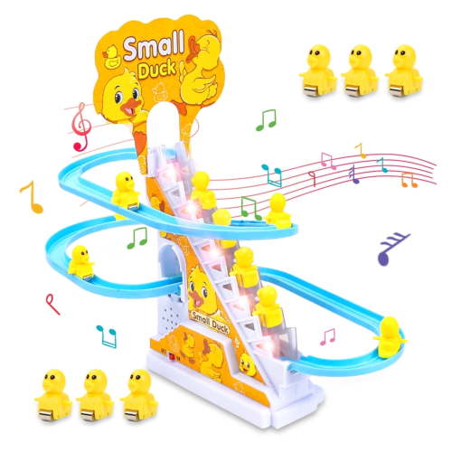 LINXUXIE Small Ducks Climbing Toys, Electric Llittle Duck Climbing Stairs Toy, Funny Duck Coaster Track Toy with 6 Duck LED Lights & Music Button, Small Duck Slide Toy for Toddlers