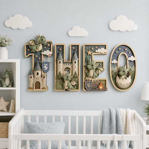 Personalized Dragon Name Sign, Custom Baby Boy Nursery Wall Decor, Castle Fantasy Name Letters, Wooden Kids Room Sign, Dragon Baby Gift