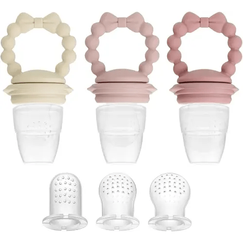 PandaEar 3 Pack Baby Fruit Food Feeder Pacifier with 3 Different Sized Pouches, Silicone Teether for Purees & Breast Milk, BPA Free Infant Solid Food Essentials for Babies 3-12 Months (Bow Series)
