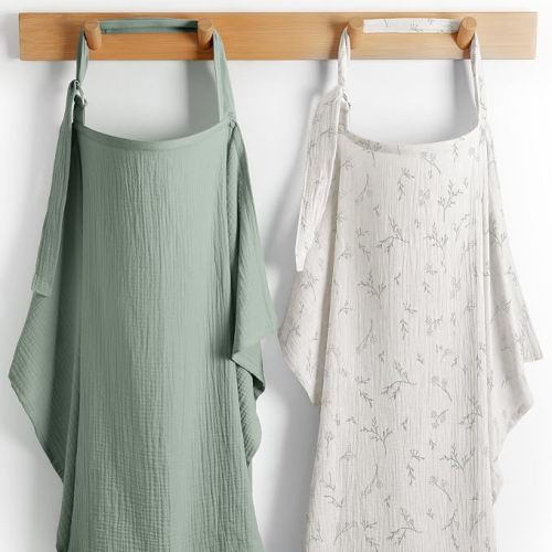 Comfy Cubs Muslin Nursing Cover Pack of 2, 100% Cotton Muslin Breastfeeding Cover for Moms, Soft & Breathable Baby Nursing Scarf, Adjustable Neck Strap - Privacy Coverage - Branch Pattern and Fern