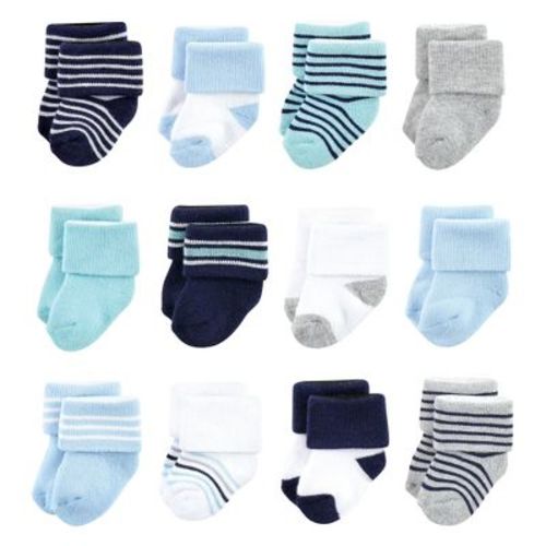 Luvable Friends Baby Boys Newborn and Baby Terry Socks, Mint Navy Stripes 12-Pack, 6-12 Months