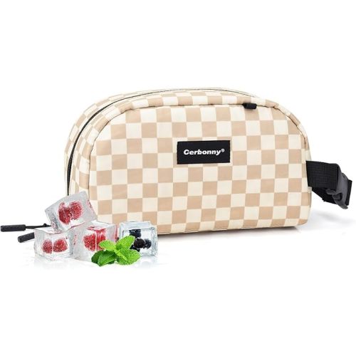 Cerbonny Small Cooler Bag Freezable Lunch Bag for Work School Travel, Leak-proof, Insulated, Khaki Checkerboard, 3.5L, 9.8x5.5x4 inch