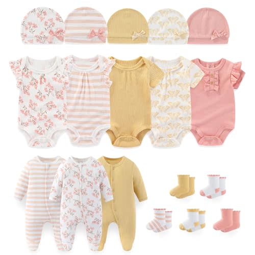 falianni Baby Boy Girl Layette Set 18 Piece Infant Essentials Must Haves Clothes 0-9 Month Rompers+Bodysuits+Hats+Socks