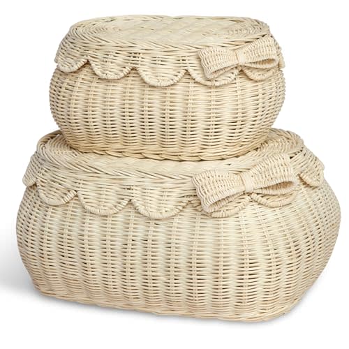 BEBE BASK The Original Scalloped Bow Basket with Lid – Set of 2 (15 x 11 x 6 in) – Handwoven Rattan Scalloped Wicker Basket with Lid, Woven Baskets for Storage (Bow)