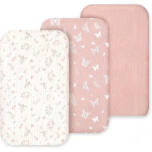 3 Pack Muslin Bassinet Sheets for Bedside Sleeper, 33" x 21", PinkButterfly