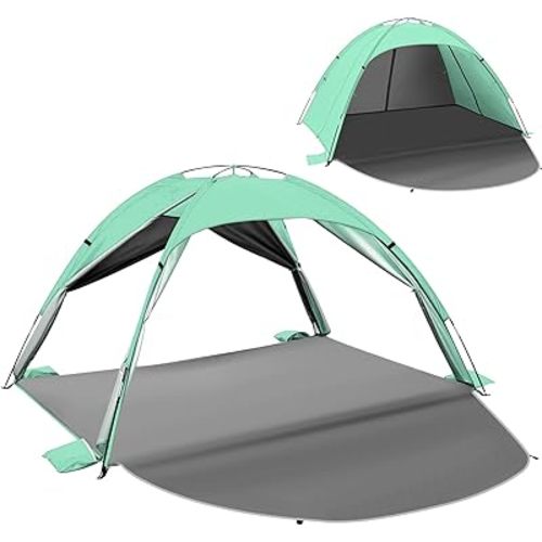 Beach Tent Sun Shelter for 3–4 People, UPF 50+ Beach Tent with Breathable 4-Door Design, 8.0mm Fiberglass Poles, Portable Sun Shade Canopy for Camping & Outdoor – Green