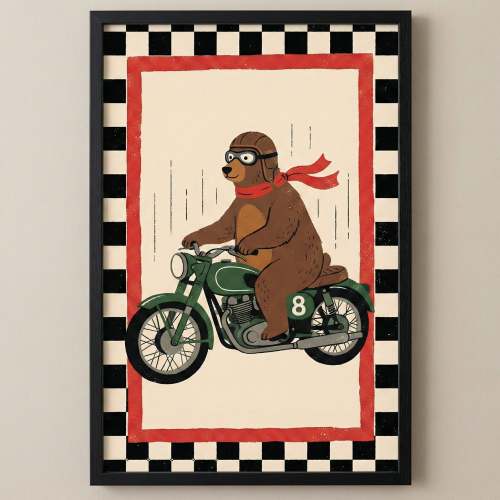Bear On Vintage Motorbike Mid-century Kids Wall Art - Speedway Grizzly
