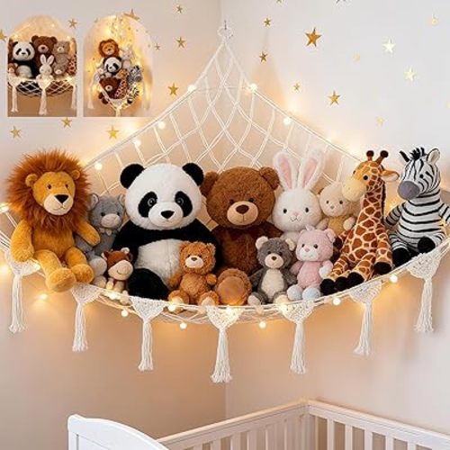 Stuffed Animal Hammock with String Lights, Large Stuffed Animal Net Storage Organizer for Kids Room, Boho Macrame Corner Organizer with Tassels & Installation Kit, Beige