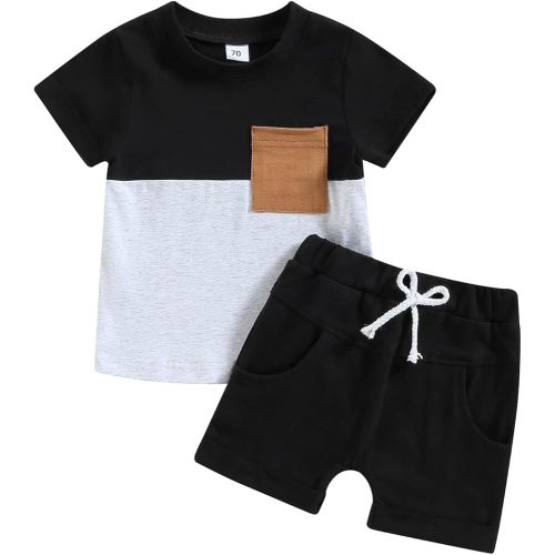 fhutpw Baby Toddler Boy Clothes Summer Outfits 6 12 18 24 Months Patchwork Short Sleeve T Shirt & Shorts Sets with Pockets