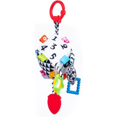 Balibazoo Hanging Sensory Cube Baby Toy 0-24M – High-Contrast Black & White Plush with BPA-Free Silicone Teether, Crinkle & Rattle Rings | Clip-On Stroller, Car Seat & Travel Toy | Newborn Gift