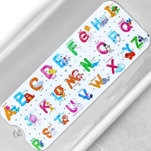 Baby Bath Tub Mat, Extra Large Non Slip Kids Cartoon Bathtub Shower Mats with Suction Cups & Drain Holes, Machine Washable for Bathroom, 40 x 16 Inch, Alphabet Animals Pattern