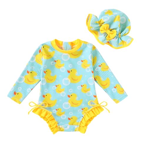 Infant Baby Swimsuit Girl Long Sleeve UPF 50+ Sun Protection One-Piece Rash Guard with Hat Zipper Bathing Suit