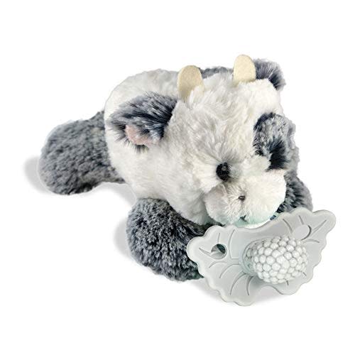 RaZbaby Cow RaZbuddy w/RaZberry Teething Relief Pacifier  Soothes Sore Gums w/Nature-Inspired Texture, 100% BPA-Free Silicone Teether, Detachable Stuffed Animal  3 Months+ Teether, Grey