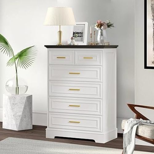 Virabit White Dresser for Bedroom with 6 Drawers, 44" Tall Wooden Farmhouse Cabinet, Modern Kids Dresser with Metal Handle, Mid Century Chest of Organizer for Closet, Living Room, Hallway