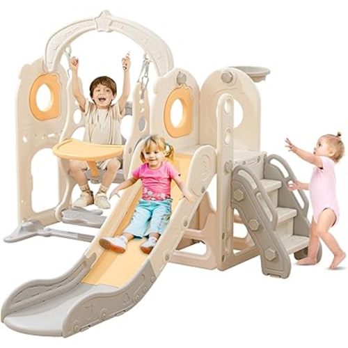 Freestanding Toddler Slide with Swing Set, 6 in 1 Kids Indoor Slide for Toddlers 1-3,L Shaped Slide with Basketball Hoop,Baby Slide for Indoor Outdoor for Boys and Girls Birthday