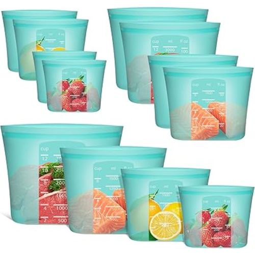 Reusable Storage Bag, 8 Pack 100% Silicone Food Storage Bags Stand Up Zip Lock Bags for Food Container, Freezer Microwave Oven Dishwasher Safe, 2 X-Large(0.8 Gallon) 2 Medium 2 Small 2 X-Small, Aqua