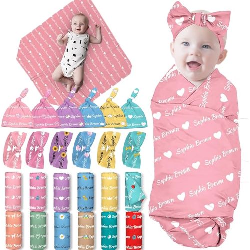 Personalized Swaddle Blanket Baby Girl Boy with Bow Headband and Hat Set Custom Baby Blanket with Name Customized Baby Gifts
