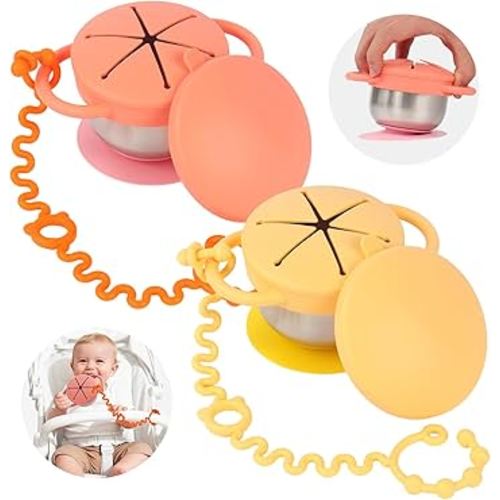 Daximo 2 Pack Toddler Snack Cups — 5-in-1 Snack Cups for Toddlers Spill Proof with Suction Cup and Anti-Loss Rope, Detachable Stainless Steel Cups with Silicone Lids & Handles (Orange and Yellow)