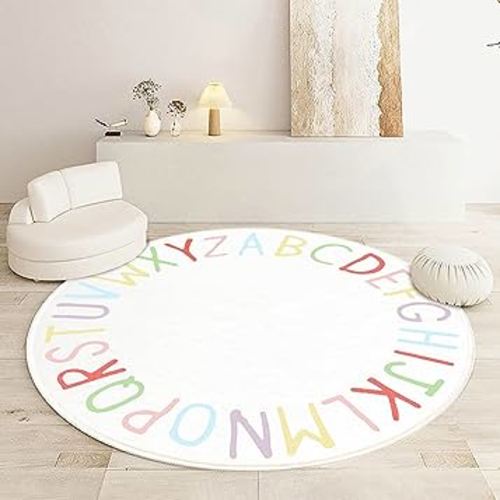 SHIPKEY Round Rug, Round Play Rug for Kids, Colored Alphabet Nursery Area Rug, Kids Bedroom Rug, Non-Slip Mat, Carpet for Living Room (5.3 feet)