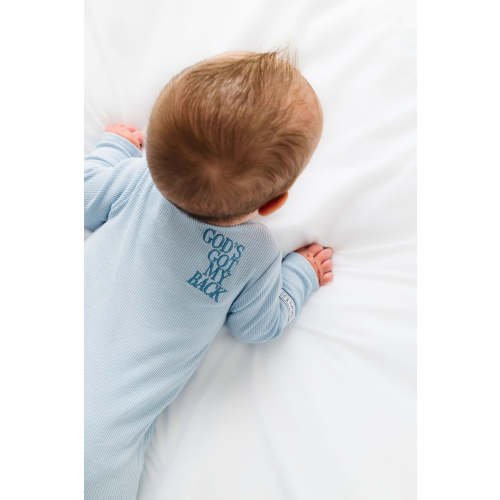 God's Got My Back Blue PJ Footed Onesie Ribbed Cotton-Bamboo Blend – Holy Pals