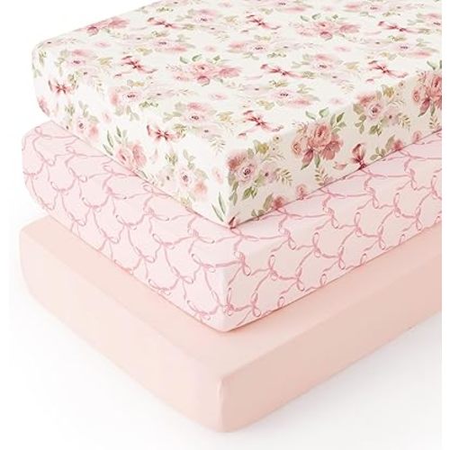 PHF 3 Pack Soft Floral & Bow Crib Sheets Fitted, Comfy Breathable Baby Sheets for Boys Girls, 28x52 Inches Fits Standard Crib and Toddler Mattresses, Floral & Bow