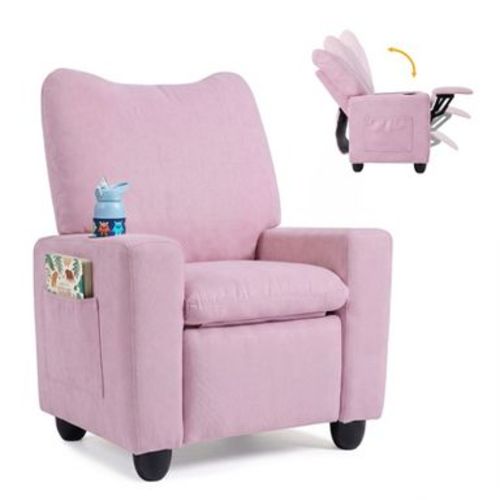 Costway Kids Recliner with Adjustable Backrest Footrest Cup Holder Side Pockets for Ages 3+ Pink