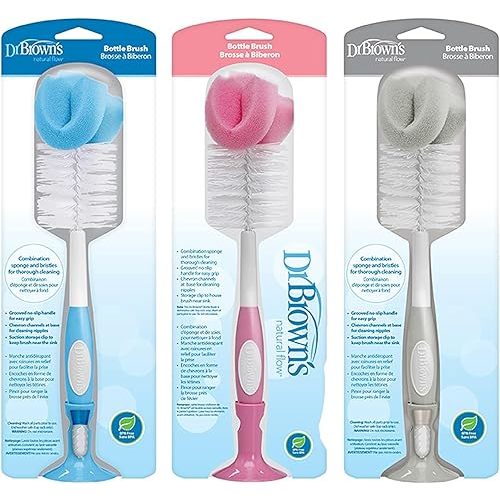 Dr. Brown's Reusable Sponge Baby Bottle Cleaning Brush with Suction Cup Stand, Scrubber and Nipple Cleaner, BPA-Free, Blue/Gray/Pink, 3-Pack