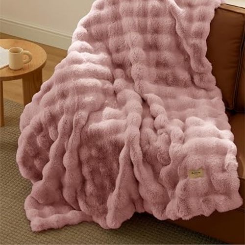 Bedsure GentleSoft Faux Fur Throw XL Blanket, Fluffy Fuzzy Large Throw Blanket for Bed, Soft Cozy Fall Bedding Coloring Couch Cover, Thick Warm Plush Women Men Birthday Gifts, Dusty Rose