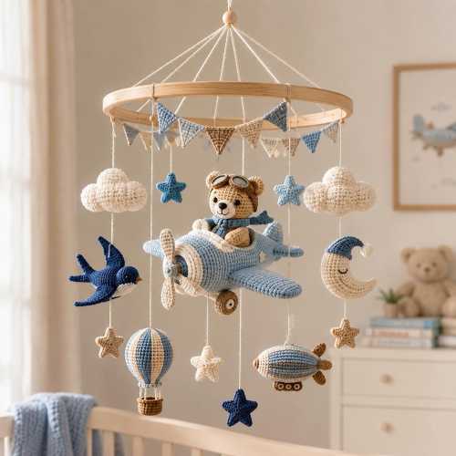 Crochet Baby Mobile, Aviator Bear Nursery Decor, Airplane Crib Mobile, Hot Air Balloon and Stars, Blue Baby Shower Gift