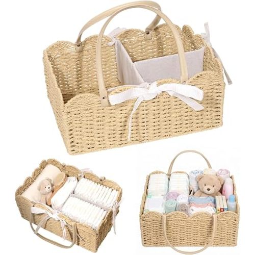 Large Diaper Caddy Organizer, Paper Rope Nursery Storage Basket with Removable Divider, Portable Diaper Storage for Car & Home.