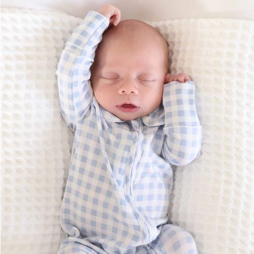 Peter Pan Collar Zipper Footie in Dusty Blue Gingham | Caden Lane 0-3