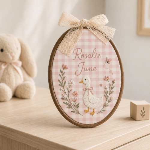 Personalized Baby Name Sign, Goose Floral Garden Embroidery Hoop, Nursery Name Sign, Baby Shower Gift, Nursery Decor
