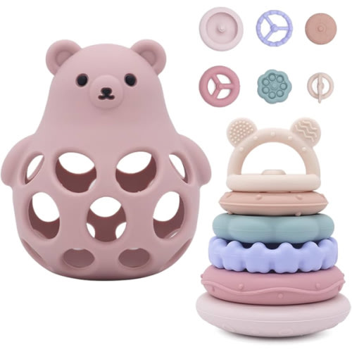 Baby Bear Teething & Stacking Toy Set - Teething Toys Silicone Teethers, Soft Baby Stacker Rings Teether, Learning Toy Gift for Boys and Girls 6+ Months (Pink)