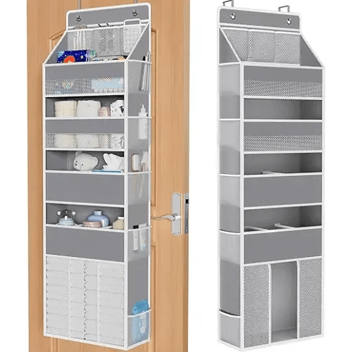 WISELIFE 5-Tier Over the Door Organizer for Hanging - 50LB Heavy-Duty Back of Door Organizer with 5 Spacious Pockets & 13 Mesh Pockets, Multipurpose Storage for Nursery, Bedroom, Closet(1 Pack, Gray)