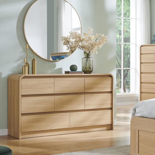 SinCiDo Modern 8 Drawer Dresser, Curved Profile Design, 55" Wide Mid Century Wood Storage Organizer for Bedroom, Living Room, Natural Oak