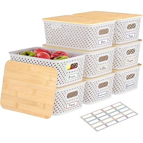 Anysig 8 Packs Plastic Storage Bins with Bamboo Lids - Stackable Storage Bins Decorative Small Basket Containers for Organizing Shelves Office Classroom Desktop Closet, Cream White