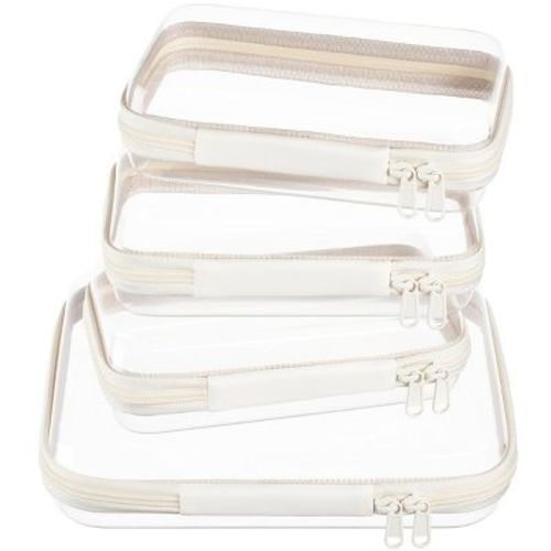 Narwey 4 pcs Clear Zipper Pouches,Hard Shell Zipper Case,Toy Storage Bins (M+3S)(Ivory)
