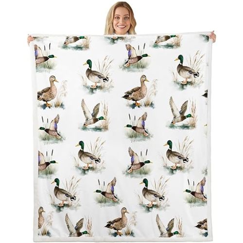 Castle Fairy Wild Ducks Plush Throw Blanket,Rustic Farmhouse Mallard Flannel Fleece Blanket for Boys Girls Teens All Season,Country Style Animal Bed Blankets Room Decor 30x40,White Brown Green