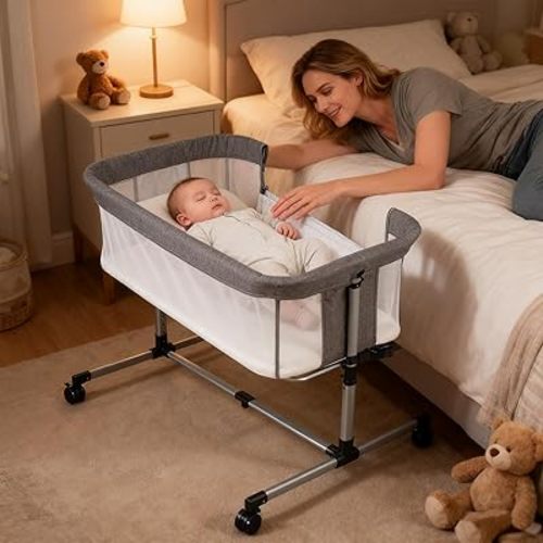 Bassinet Bedside Sleeper with Wheels, 5 Height Adjustable Baby Crib, 2-in-1 Baby Bedside Bassinet, Breathable Full Mesh & Mattress, Stable and Secure Bed for Newborn Infant