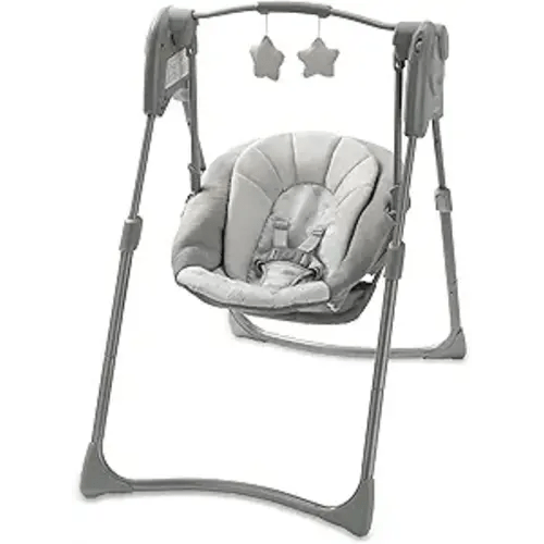 Graco Slim Spaces Compact Baby Swing, Space Saving Portable Bay Swing with Height Adjustable Legs & Soft Toys, Reign