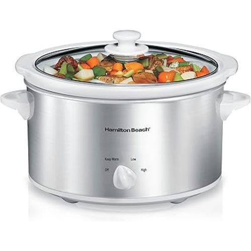 Hamilton Beach 4-Quart Slow Cooker with 3 Cooking Settings, Dishwasher-Safe Stoneware Crock & Glass Lid, Stainless Steel (33140G)