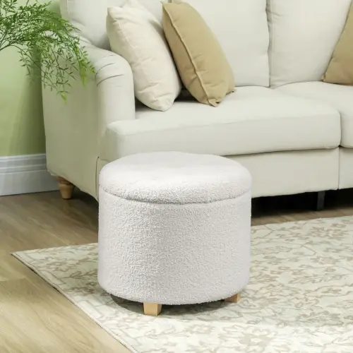 18" Round Ottoman with Storage, Teddy Fleece Button Tufted Foot Stool with Lid, Wood Legs for Living Room Hallway, White