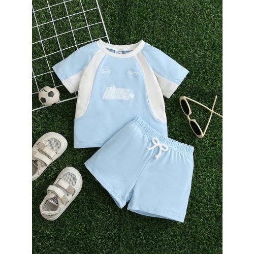 SHEIN Playful Pals 1pc Baby Boy Kid New Born Cute Cool Blue Patch Tee Set Top Short Soft Thin Suit Wear Sport Active Play Day Sun Gym Trip Club Park Yard Summer 2024 Hot