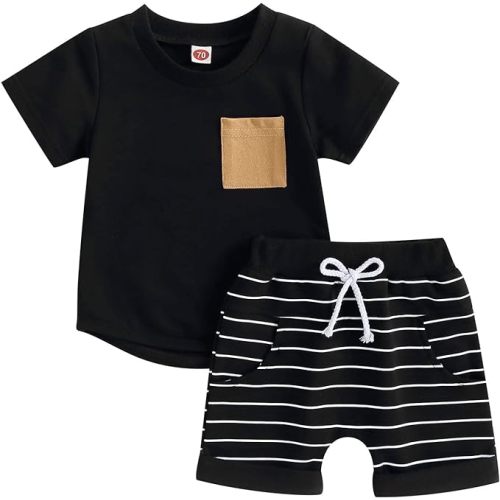 FOMOYUU Toddler Baby Boy Summer Outfit Patchwork Short Sleeve T Shirt Top Casual Shorts Set Infant Newborn Clothes