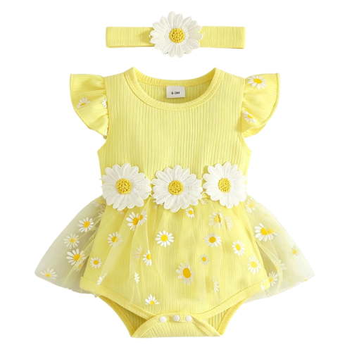 Karoyedx Dresses Baby Girl Newborn Baby Girl Romper Dress Lace Floral Sleeveless Tulle Dress with Headband Infant Summer Mesh Jumpsuits Yellow Size,0-3 Months