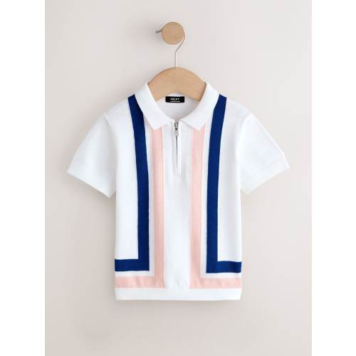 White 100% Cotton Knitted Zip Neck Polo Shirt (3mths-7yrs)