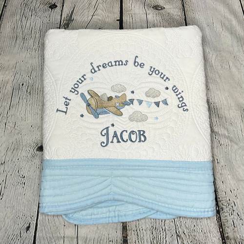 Airplane Quilt, Baby Boy Blanket, Heirloom Baby Quilt, Monogram Baby Quilt, Personalized Baby Gift, Personalized Baby Blanket