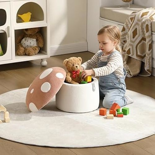 DAYARUS Mushroom Toddler Chair Comfy Chenille Kids Reading Chairs, Wooden Children Stool, No Assembly Kid Desk Chair, Cute Storage Ottoman for Kids Bedroom Furniture/Playroom/Boys Girls Gifts, Pink