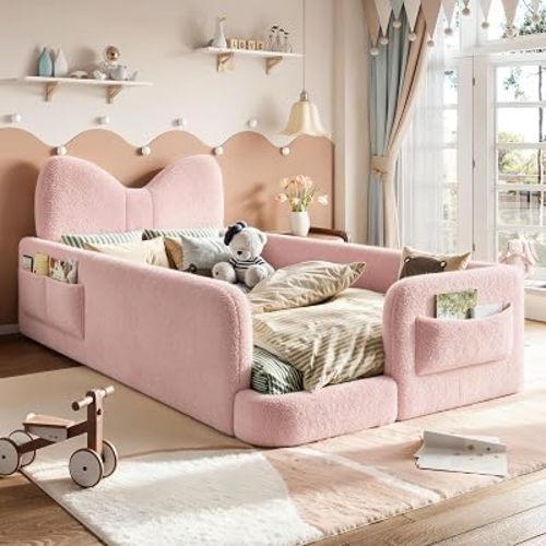 KEIKI Twin Size Upholstered Low Floor Bed with Bow-Shaped Headboard, Pink