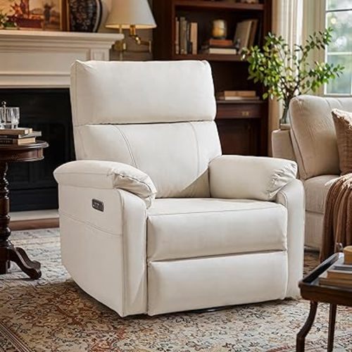 Power Recliner Chair with Adjustable Lumbar Support, Swivel Rocker Recliner with Overstuffed Armrests, Nursery Glider Recliner, Rocking Chair Nursery for Bedroom,USB&Type-C, Faux Leather Beige